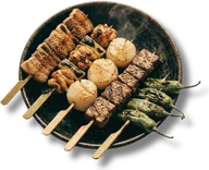 Assorted yakitori skewers on a plate